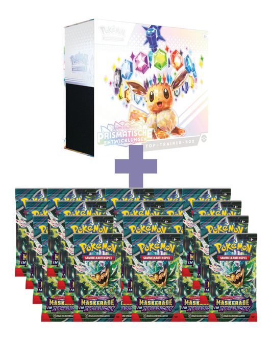Pokémon TCG - Prismatische Entwicklungen Top Trainer Box [B-Ware] + 24 Maskerade im Zwielicht Booster [DE]